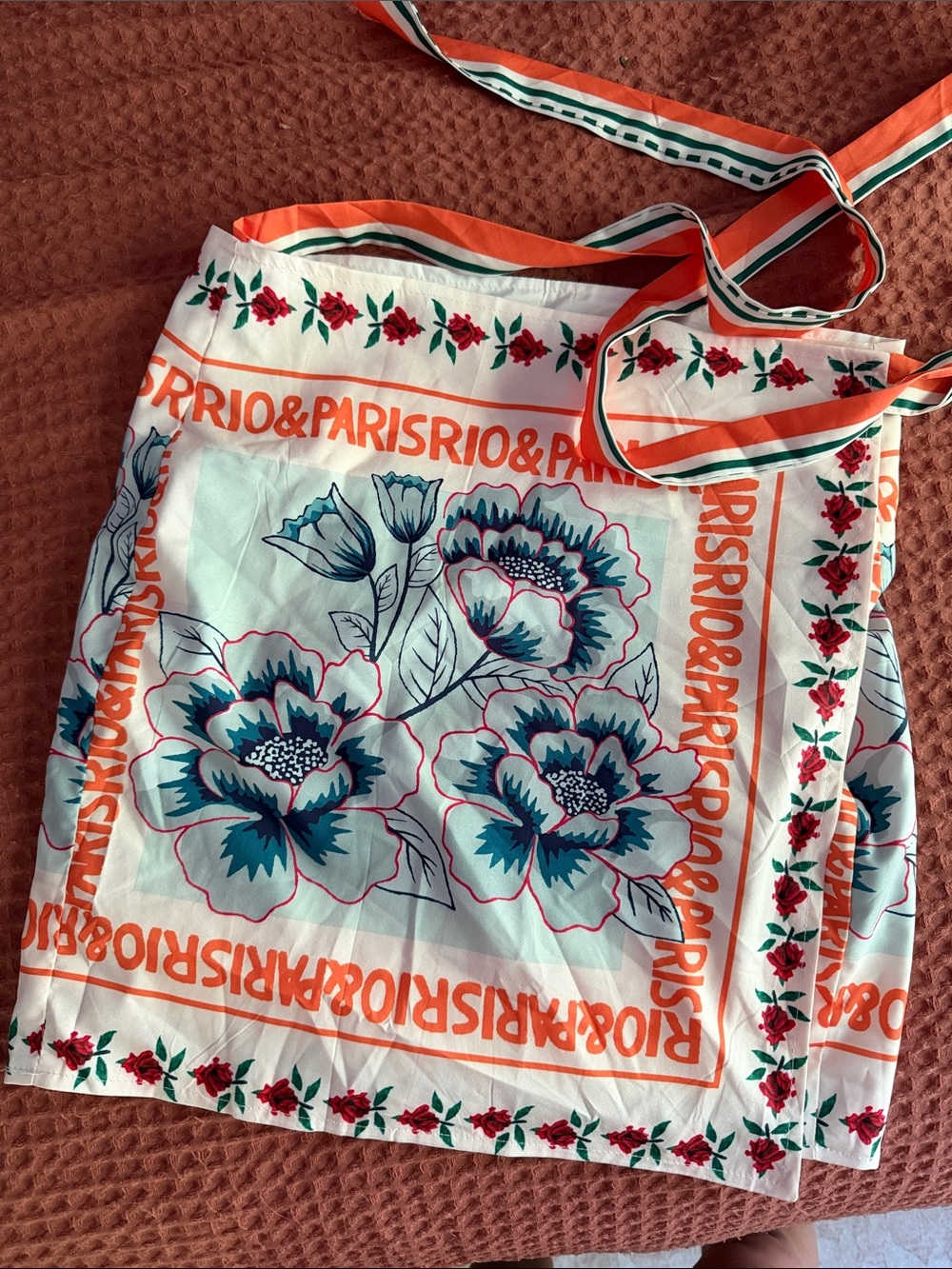 Floral Satin Wrap Skirt with Orange Trim